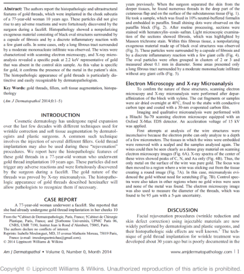 Picture of Histopathologic and Ultrastructural Features of Gold Thread Implanted in the Skin for Facial Rejuvenation